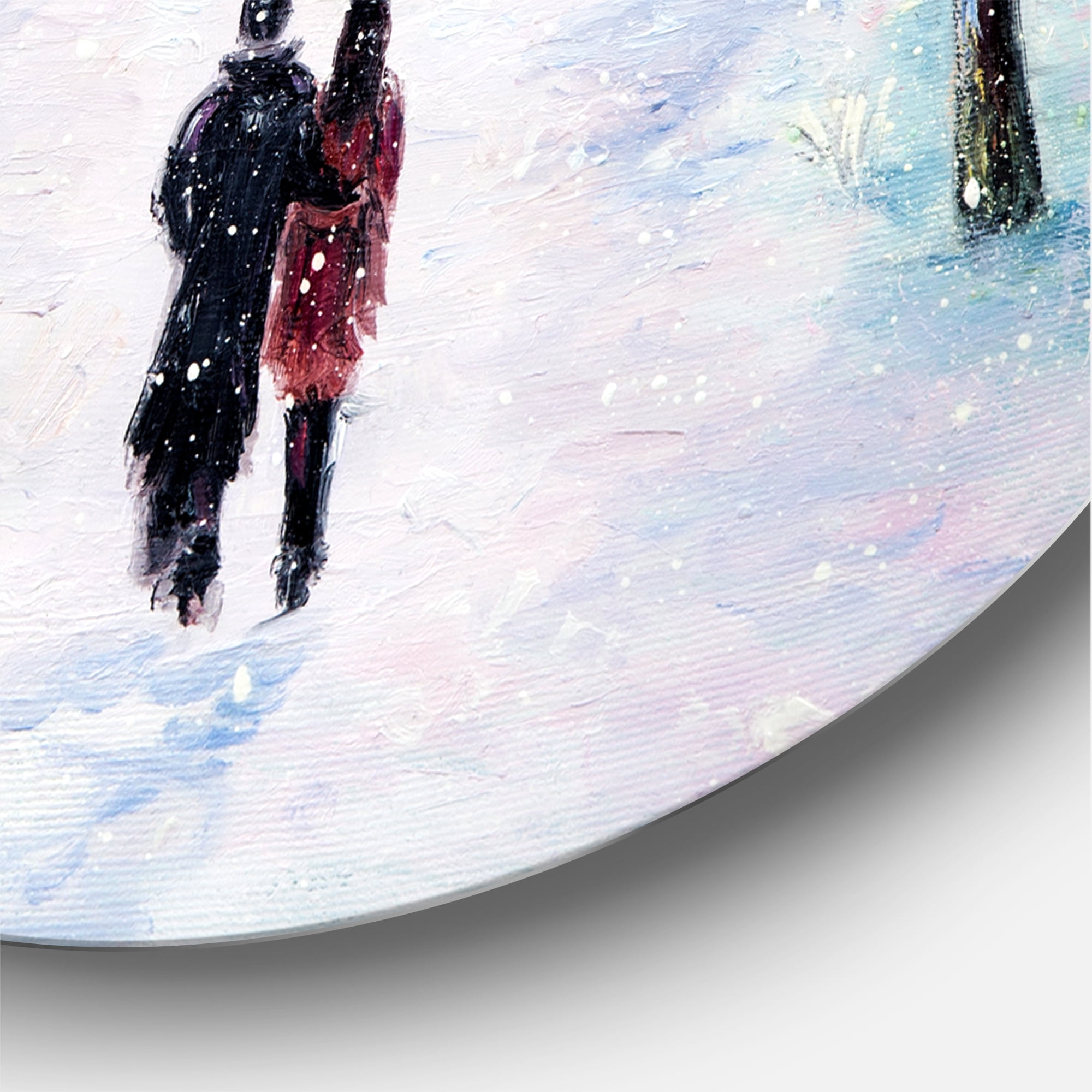 Designart 'Couple In Love Walks During Snowy Winter Times' Traditional Circle Metal Wall Art 29x29 - Disc of 29