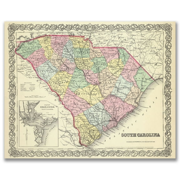 South Carolina 1855 Vintage Map 11x14 Unframed Print–Antique Cartography Poster Reproduction with Charleston Inset Counties Rivers Railroads Historical Wall Art Rustic Décor for Home Office Classroom