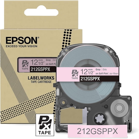 Epson LABELWORKS 212GSPPX - Gray on Soft Pink PET Label Maker Tape - 1/2" (12MM) Wide, 26'