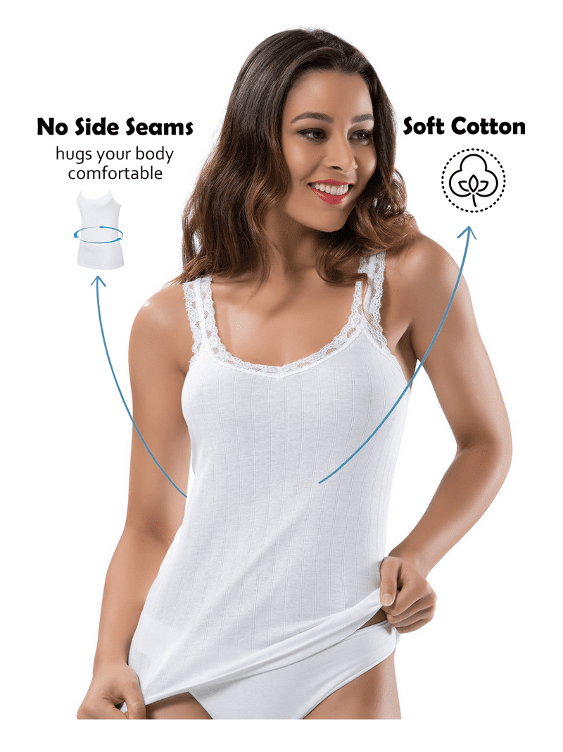 Fitted Sleeveless Camisole For Women, 100% Cotton White Lace Cami