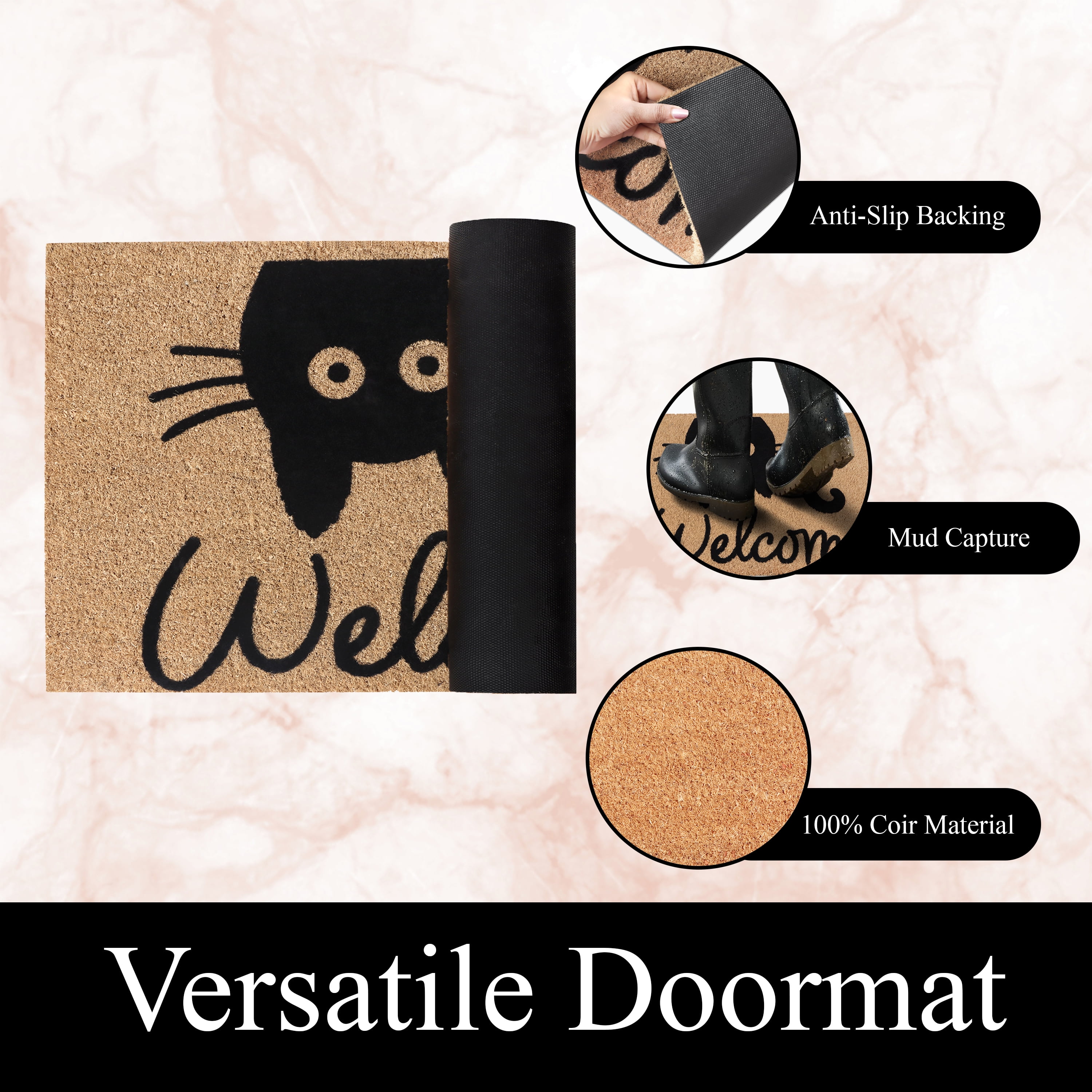 A1HC Natural Coir Flocked Doormat, Cat Welcome , 18"x30", Durable Outdoor Mat, Non-Slip, Pet Friendly, Fade Resistant