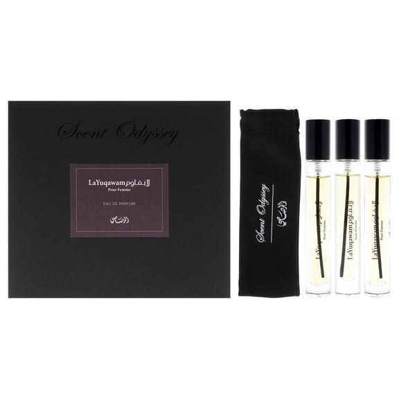 Rasasi Scent Odyssey - La Yuqawam , 3 Pc Mini Gift Set 0.25oz LaYuqawam Pour Femme EDP Spray, 0.25oz Jasmine Wisp EDP Spray, 0.25oz Orchid Prairie EDP Spray