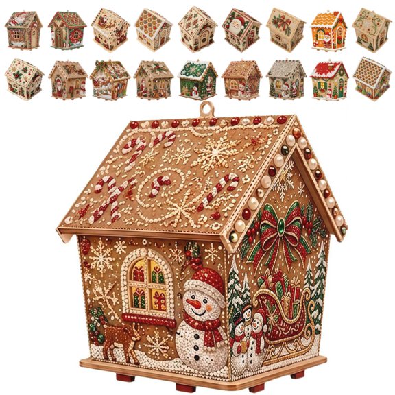 3D Christmas Wooden House Diamond Art Kit, Sparkling 3D Pearl Details，Pearl Art Kit for Adults & Beginners, Tabletop Holiday Display Complete DIY Craft Kit