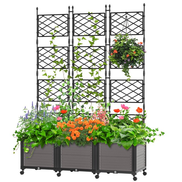Slsy Jardinera Elevada de 160 cm con Enrejado y Ruedas, Huerto Vertical con Macetero para Plantas Trepadoras, Flores y Hierbas, Ideal para Jardín y Patio