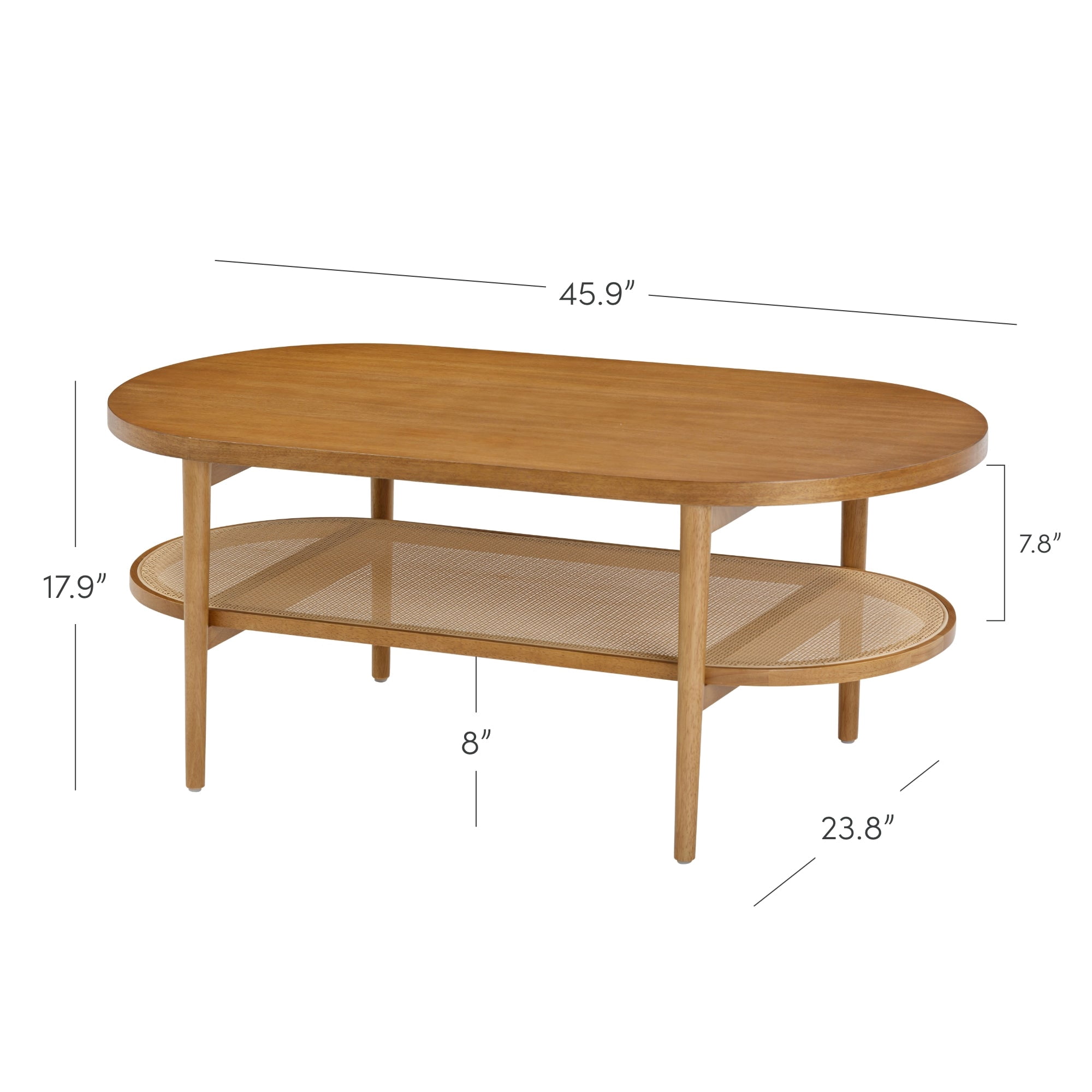 Nathan James Sonia Bohemian 2-Tier Oval Coffee Table, Living Room Cane Table with Storage Shelf and Mid-Century Legs in Honey Brown Wood with Rattan Accent