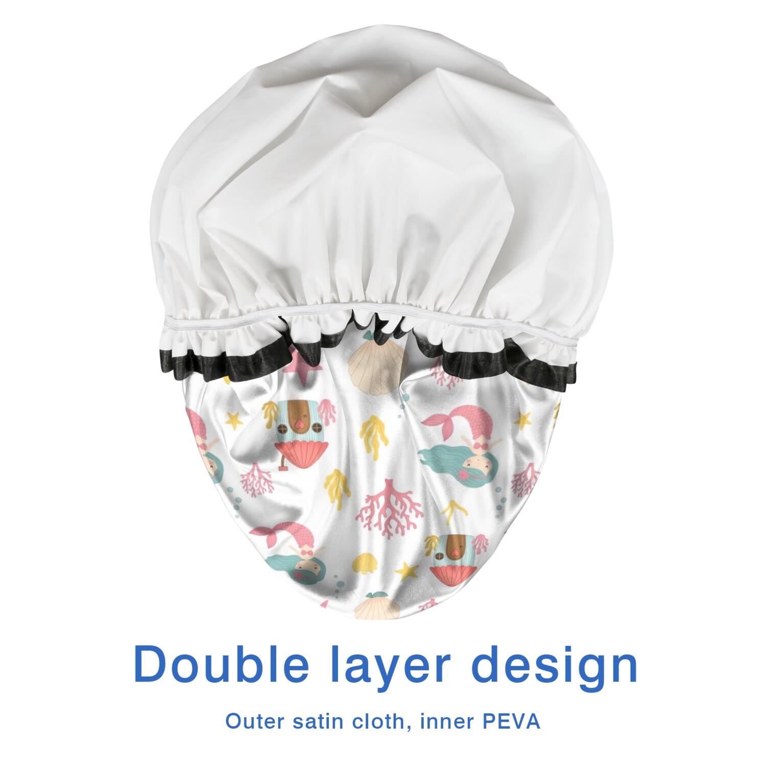 Shower Caps,White Mermaid Pattern Waterproof Shower Cap for Women 4 Pieces,Double Reusable Hair Cover for Shower PEVA Elastic Stretch Hem