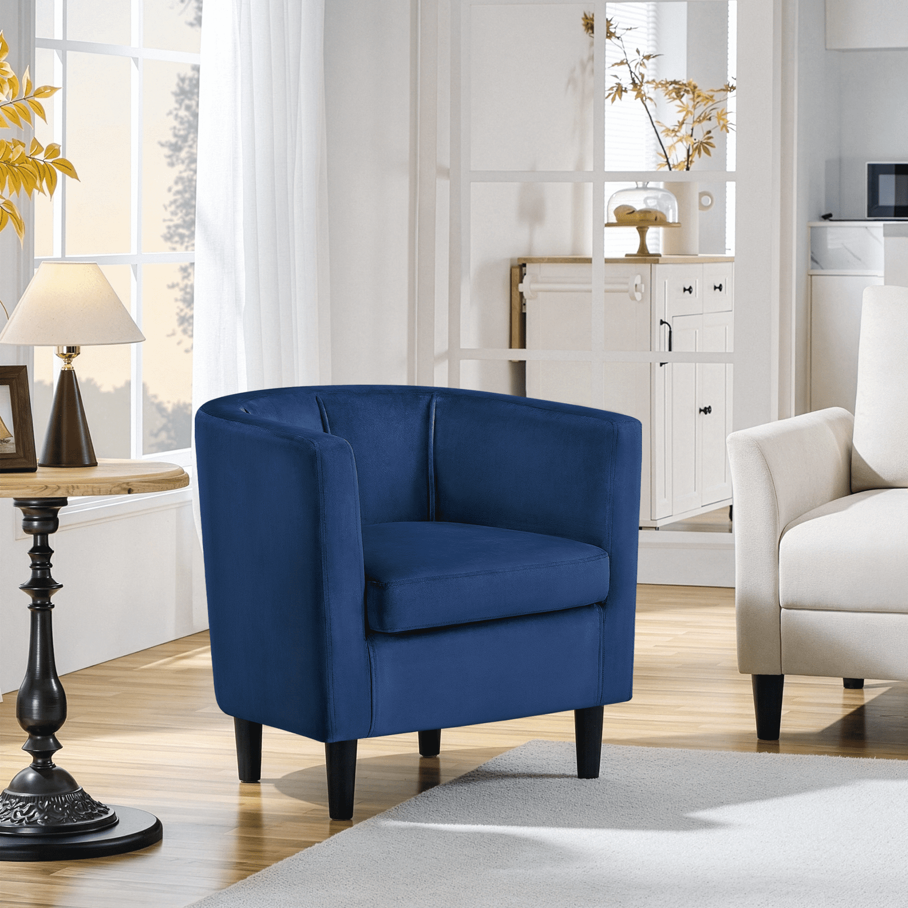 Renwick Upholstered Barrel Shaped Accent Chair with Curved Backrest for Livingroom, Blue Velvet