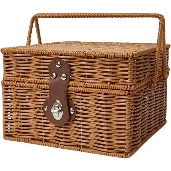 Wicker Picnic Basket for 2:Small Wicker Basket with Lid,Small Wicker Basket with Handle,Wicker Basket for Picnic and Camping