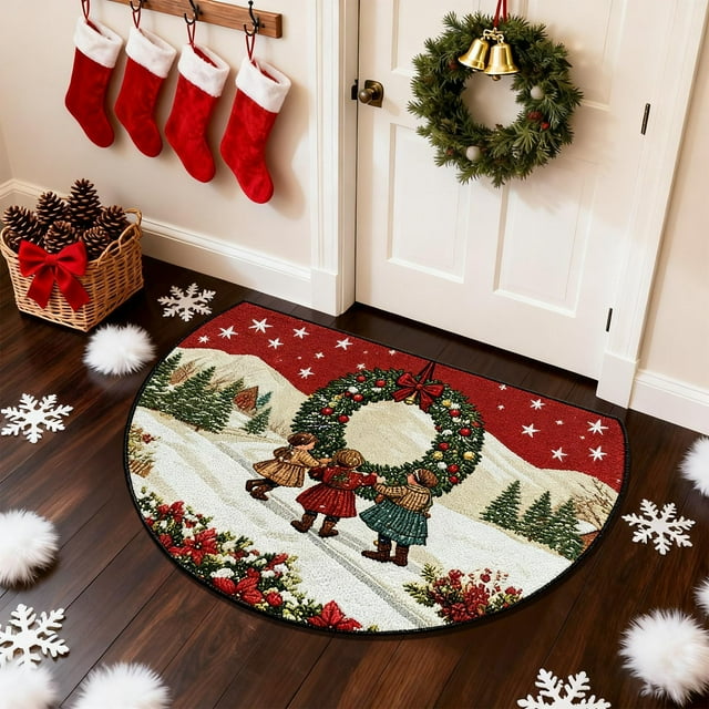 Todaioua Semicircle Christmas Doormat 40x60cm - Non-Slip Absorbent Kitchen Rug, Washable Polyester Holiday Floor Mat for Indoor Outdoor Entryway, Bathroom & Porch Decor