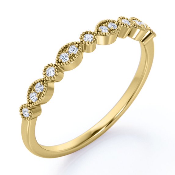 Art Deco - 0.25 Carat Round Brilliant Cut Moissanite - Milgrain Filigree Wedding Band - 18K Yellow Gold Plating over Silver