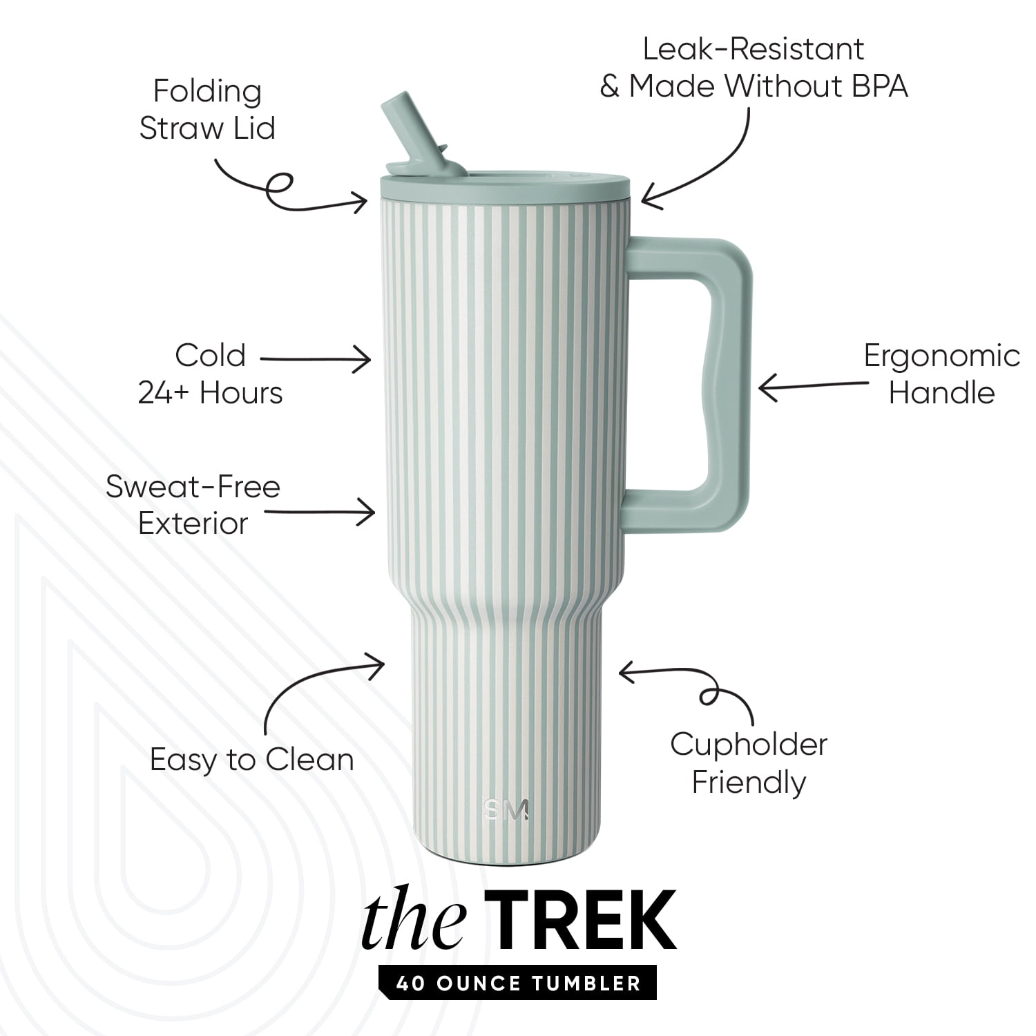 Simple Modern 40 fl oz Insulated Stainless Steel Trek Tumbler with Folding Straw Lid|Sage Stripes