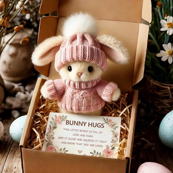 Handmade Mini Bunny Hug Cute Easter Gift, Soft Floppytiny Easter Bunnies, A Little Bundle of Love & Comfort, Stuffed Animals Bunny Doll with Inspirational Card (Pink)