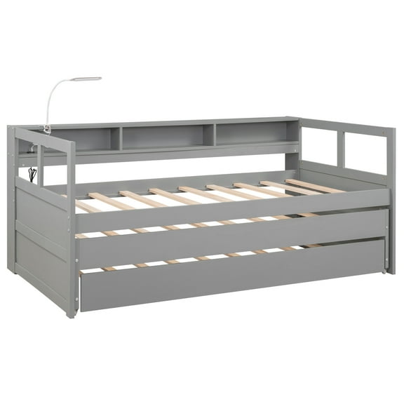 imerelez Twin XL Wood Daybed with 2 Trundles, 3 Storage Cubbies, 1 Light for Free and USB Charging Design, Gray