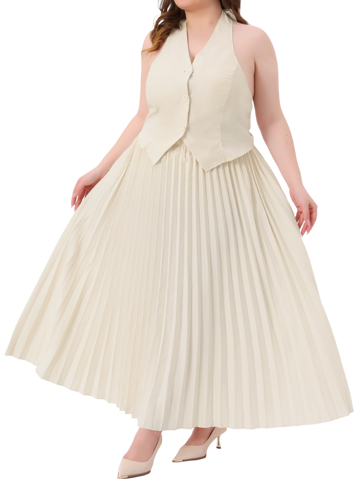 DARING DIVA Women's Plus 2 Pieces Halter Top Pleated Maxi Skirt Set Beige 3X