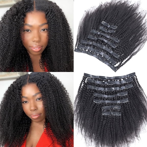 3C 4A Seamless Hair Extensions Clip in Kinky Curly Remy Human Hair Double PU Weft Transparent Hair Extensions Clip in Human Hair 7 Pcs 120g #1B Natural Black 18 Inch
