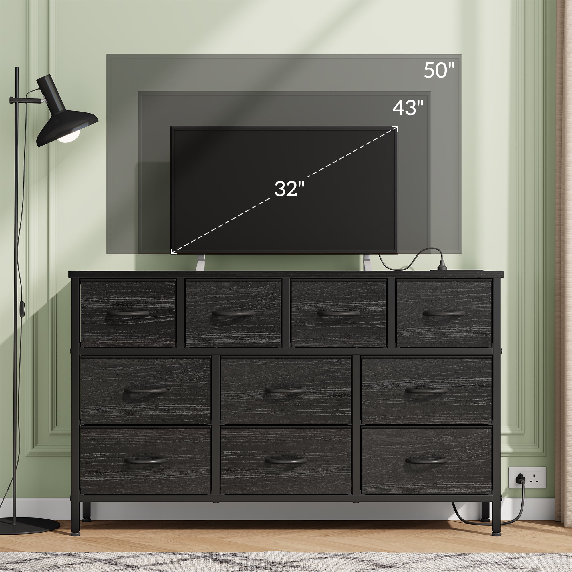 Laintene Black Dresser TV Stand, 10 Drawer Dresser with Power Outlet, Fabric Chest of Drawers for Bedroom, Wooden Top for Storage, 50" TV Stands for Living Room, Closet, Hallway, Entryway