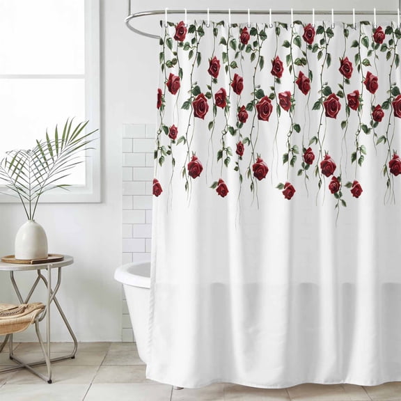 Red Roses Waterproof Fabric Shower Curtain,Spring Floral Summer Botanical Weeping Waterproof Fabric Shower Curtain for Bathroom Curtains Bathtubs Hotel Shower Curtains with 12 Hooks Stall 54x78in