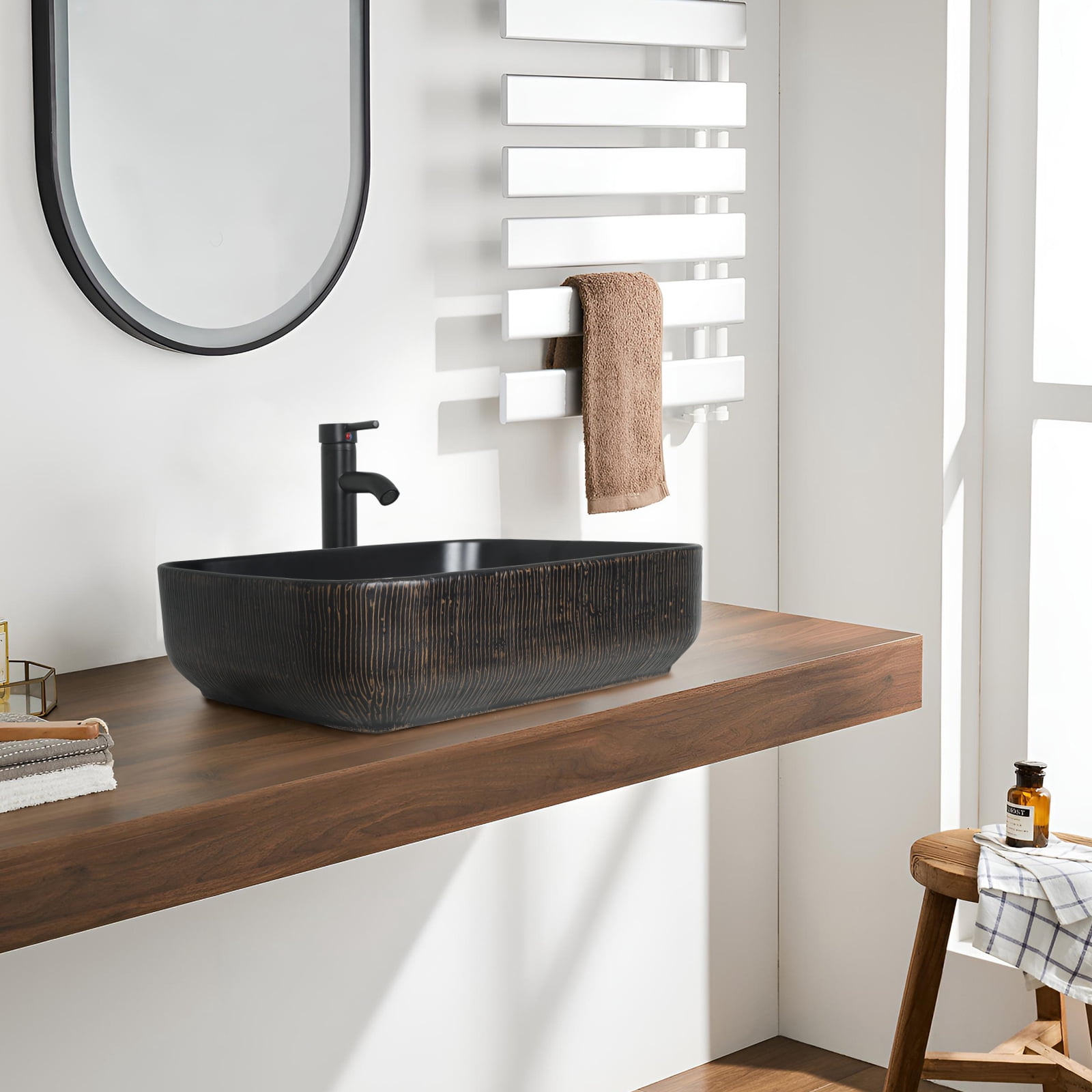 FULLWATT Ceramic Bathroom Sink, Above Counter Ceramic Vanity with Faucet and Pop-Up Drain Combo, Rectangular Modern Above Counter Bathroom Sink