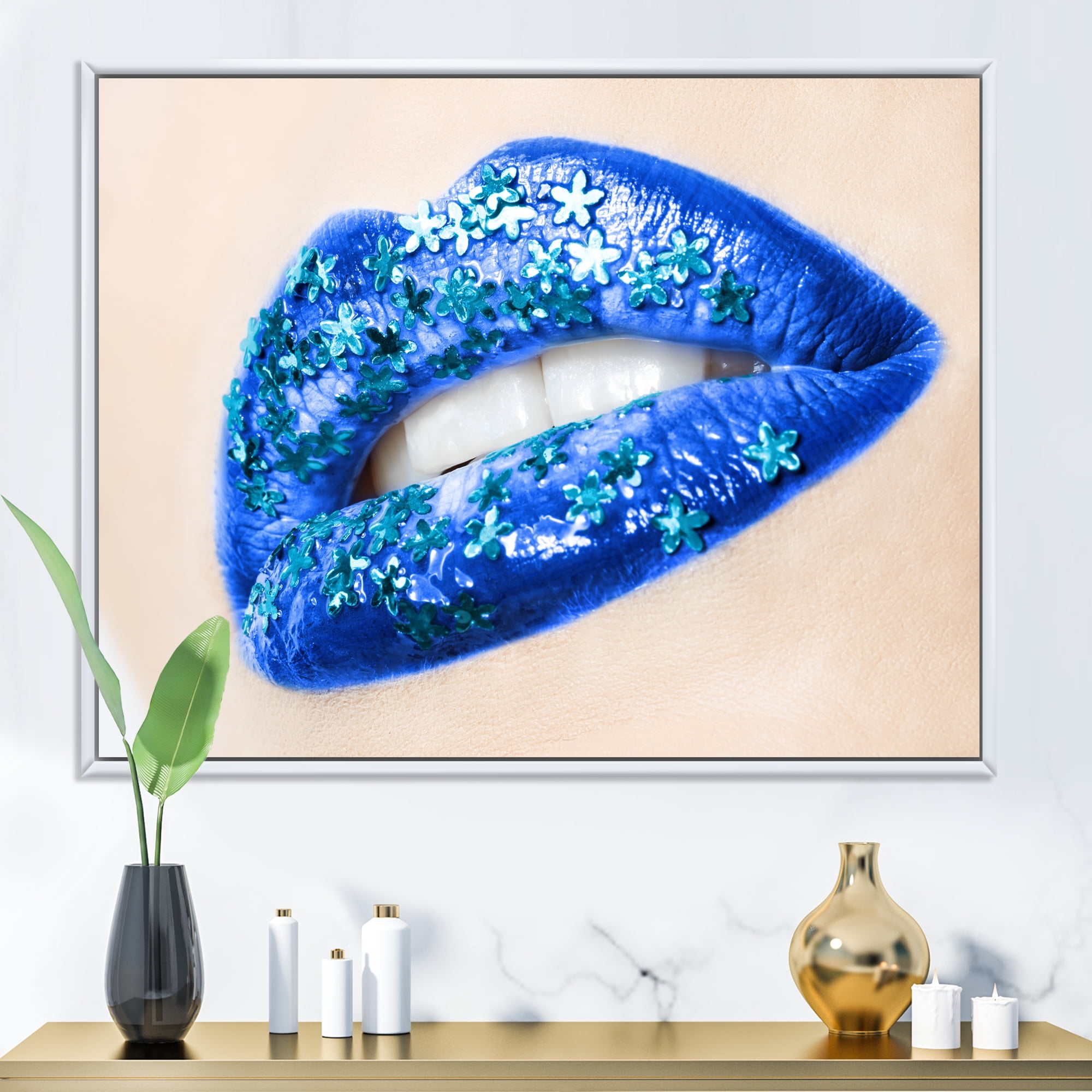 Designart 'Beautiful Woman Lips Blue With Flowers' Modern Framed Canvas Wall Art Print