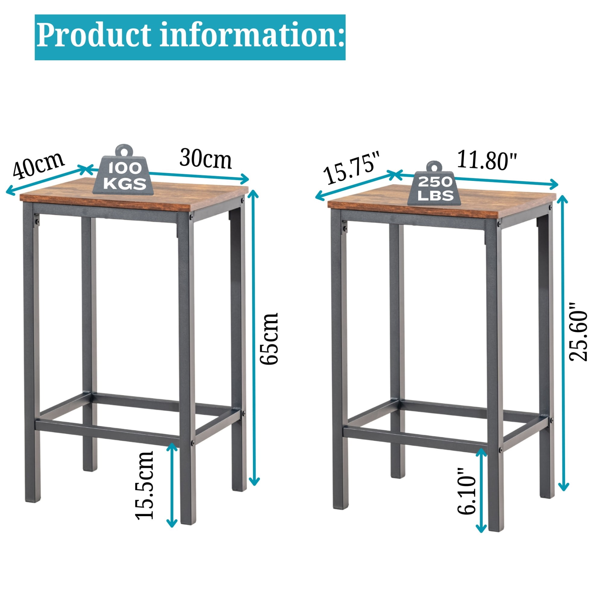 BSHTI Height Bar Stools Set of 2 – 26" Wooden Modern Backless Kitchen Island Stools, Metal Frame, Built-in Foot Pads, Vintage Design for Dining Room, Pub, Cafe