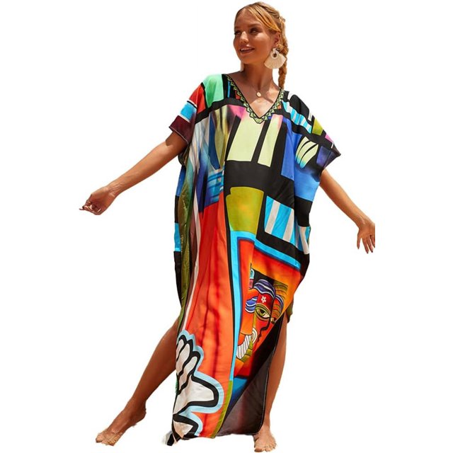 LinYooLi Robe de Plage pour Femmes, Longue Blouse Imprimée, Grande Taille, Robe de Bikini, Robe de Vacances