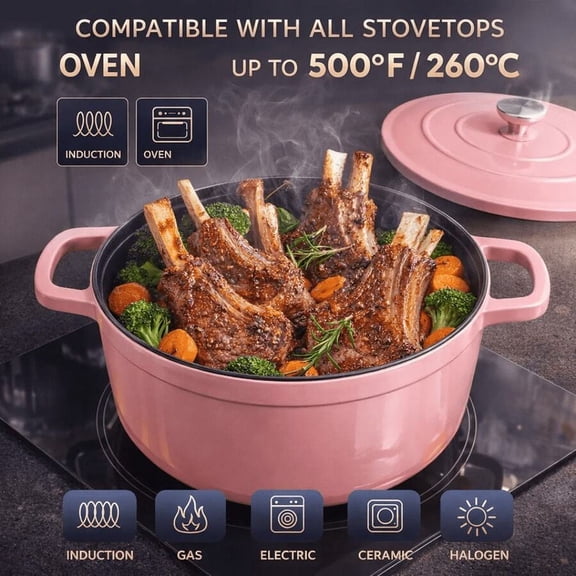 HRWGMUKVBG Pink Cast Iron Dutch Oven, Enamel-Coated Pot With Lid, Suitable For Stewing, Baking, Simmering, Soups, And Stews. Cool, Colorfully Painted Cast Iron Dutch Oven With Lid.