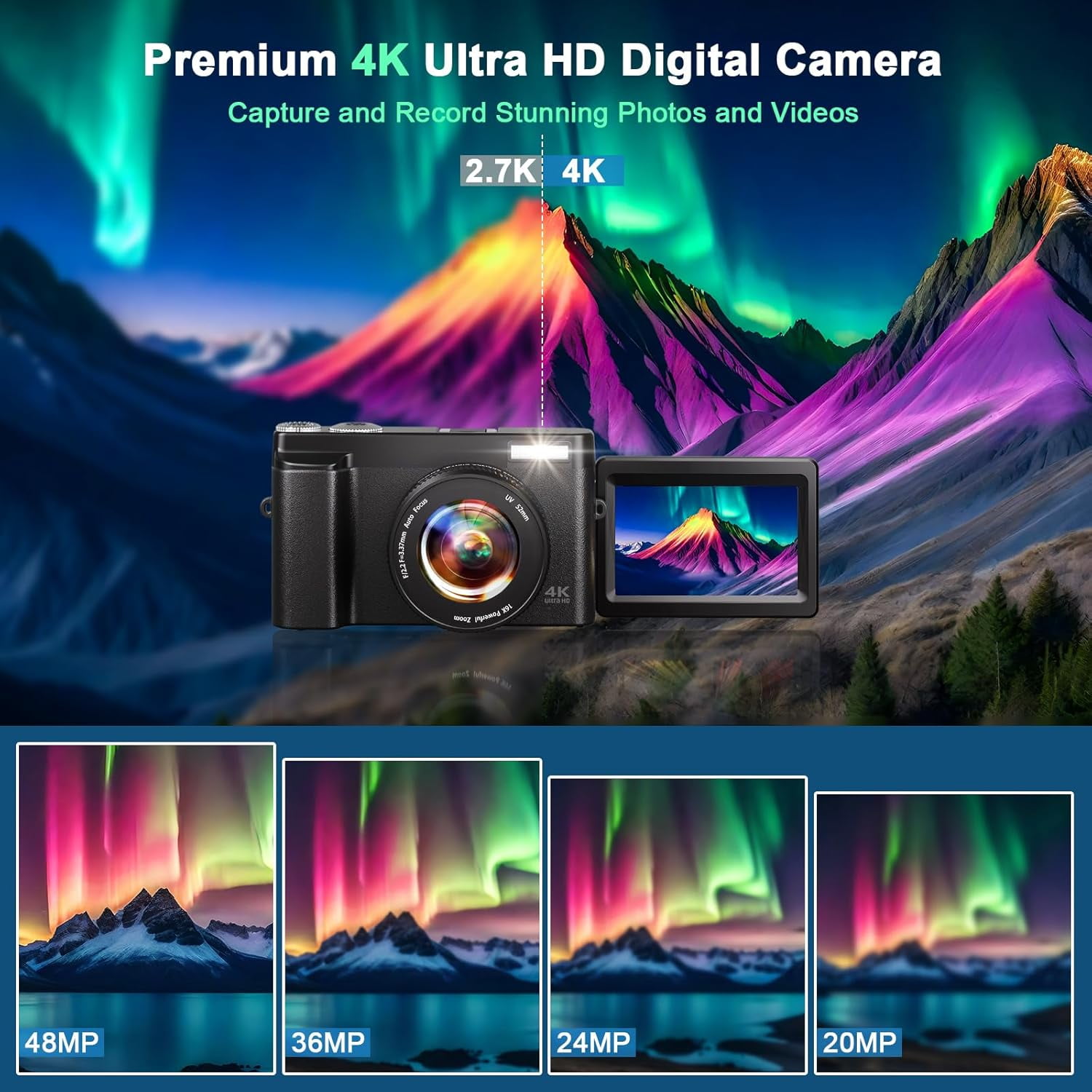 Digital Camera 4K 48MP Vlogging Camera for Youtube Autofocus 16X Digital Zoom Video Cameras with 32GB SD Card