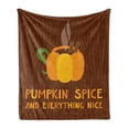 thumbnail image 1 of Pumpkin Spice Soft Flannel Fleece Throw Blanket, Coffee in Pumpkin Carved Mug on Wooden Background Cozy Autumn Feel, Cozy Plush for Indoor and Outdoor Use, 70" x 90", Orange and Redwood, by Ambesonne, 1 of 6