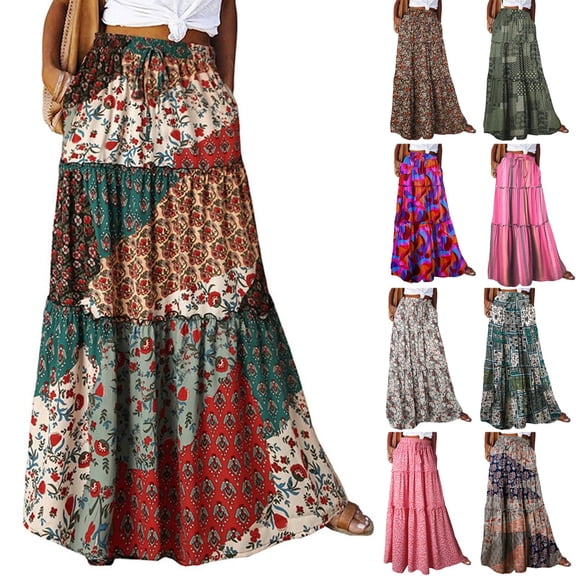 Women's Boho Maxi Skirts Casual Elastic Waisted A Line Long Flowy Floral Print Skirt with Pockets Gray M