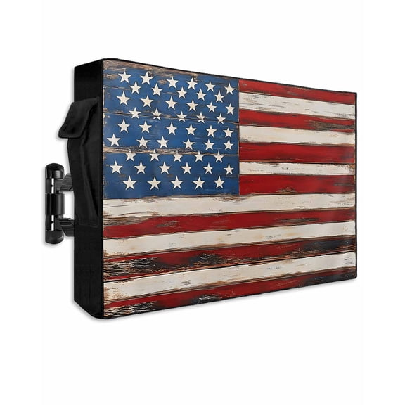 Outdoor TV Cover 60 to 65 Inch Weatherproof, Retro·Patriotic Waterproof TV Screen Protector for Outside Decor with Zipper and Pocket 58"L x 37"H , American Flag Star Striped Red Navy Blue