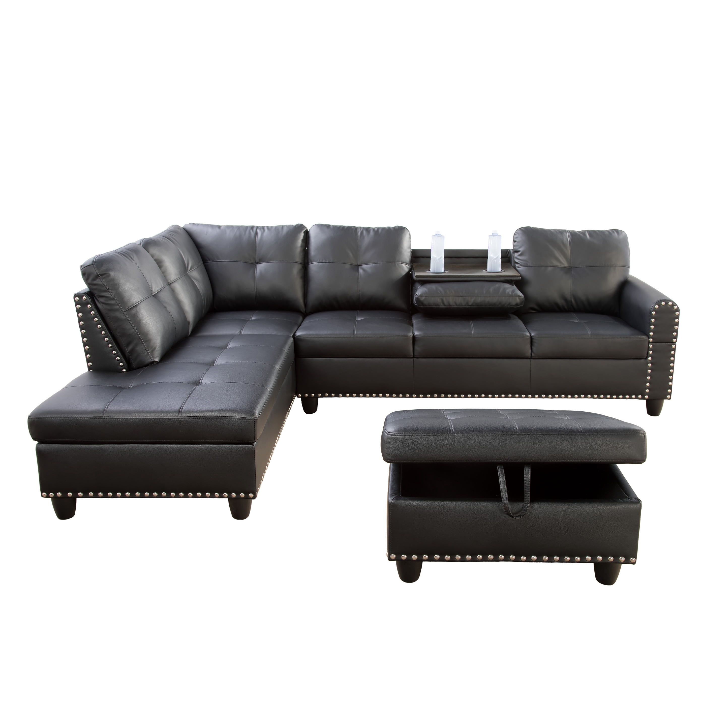Modern L-Shaped Sectional Sofa Set with Left Chaise & Ottoman - Faux Leather Tufted Modular Couch for Living Room, Black