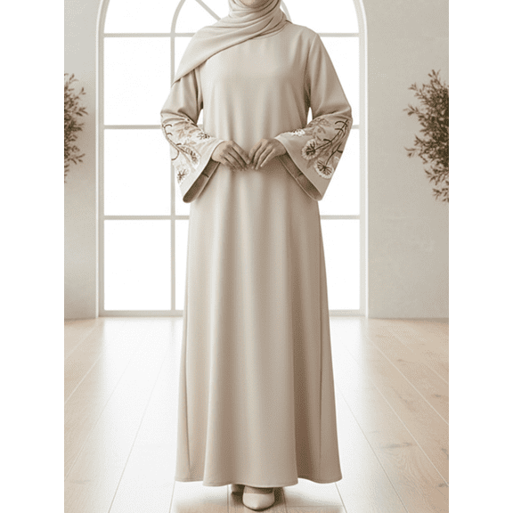 Women's Muslim Abaya Dress, Round Neck Lace Cuffs Long Robe, Elegant Loose Islamic Prayer Gown, Daily Casual Festival Women