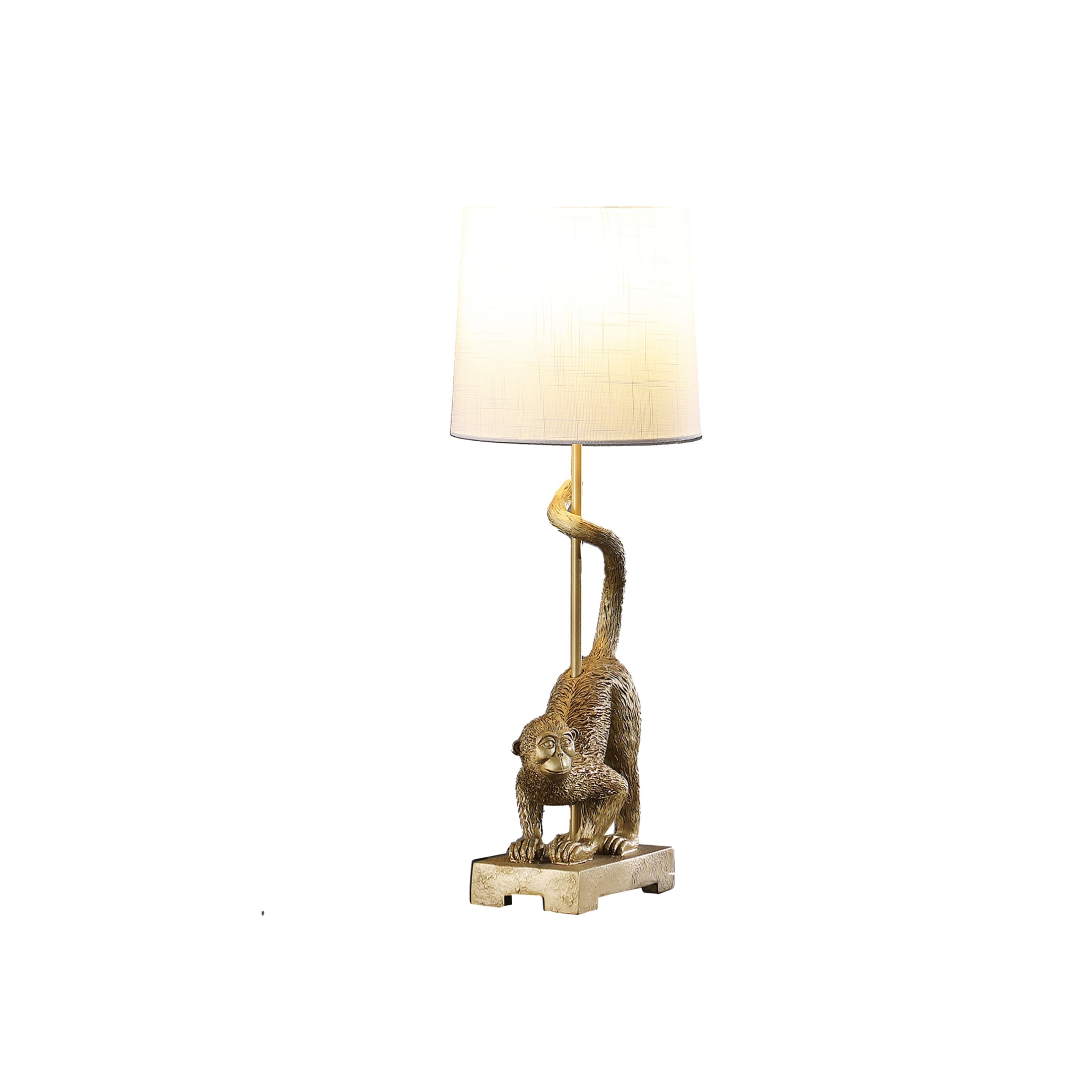 Noble House 24" Old World Capuchin Monkey Table Lamp, Polyresin Figurine, Semi-Drum Shade, E26 Bulb, Golden White
