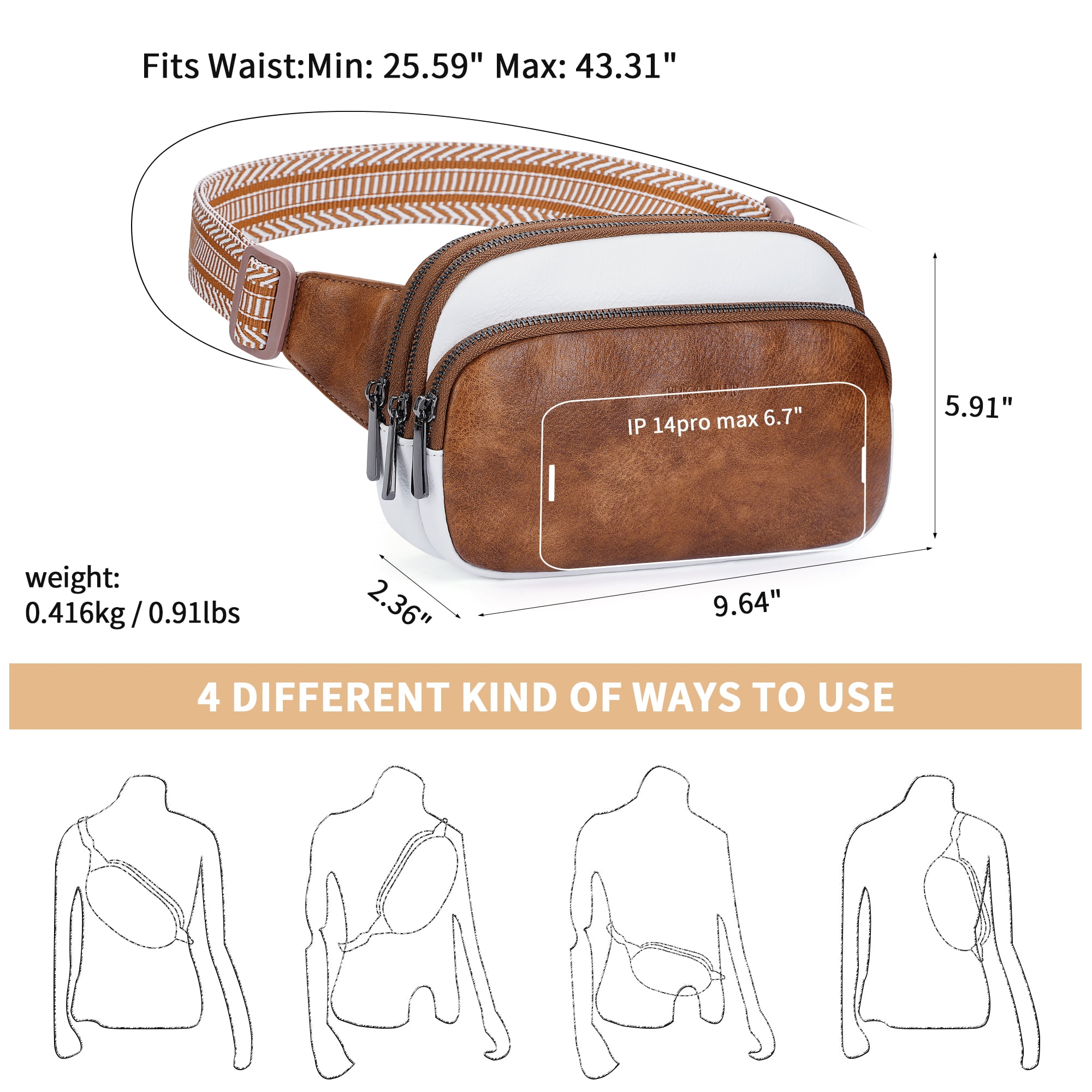 HKCLUF Belt Bag for Women Vegan Leather Mini Belt Bag With Adjustable Strap Unisex Triple Zip Small Cross Body Fanny Pack