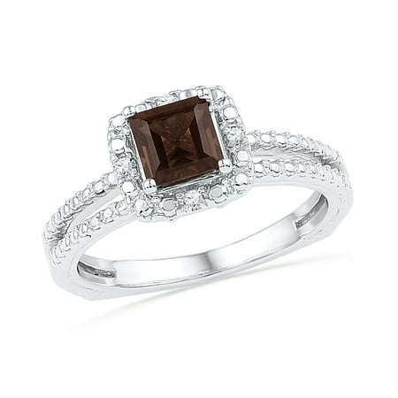 Size - 7 - Solid 925 Sterling Silver Princess Cut Round Chocolate Brown Simulated Smoky Quartz And White Diamond Engagement Ring OR Fashion Band Prong Set Solitaire Shaped Halo Ring (3/4