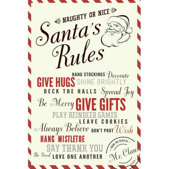 Santa's Rules Typography (36x54 Giclee Gallery Art Print, Vivid Textured Wall Decor)