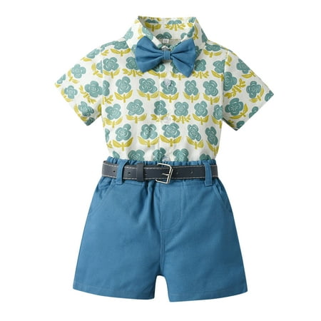 

HIBRO Toddler Boys Short Sleeve Shirt Tops Shorts With Tie Belt Child Kids Gentleman Outfits Receiving Blankets Boy Set Short Sleeve Floral