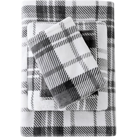 Plush Micro Fleece Queen Bed Sheet Set - Soft Fuzzy Polar Fleece Velour Velvet Sheets - Extra Warm Winter Fleece Bed Sheets with Deep Pocket - Grey Plaid - Queen