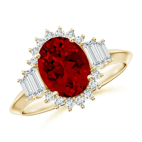 ANGARA Oval Lab Grown 2 Ct Ruby Halo Engagement Ring for Women in 14K Yellow Gold (Size-9x7mm) | July Birthstone, Birthday, Anniversary, Jewelry Gift for Women | Lab-Grown Ruby Ring