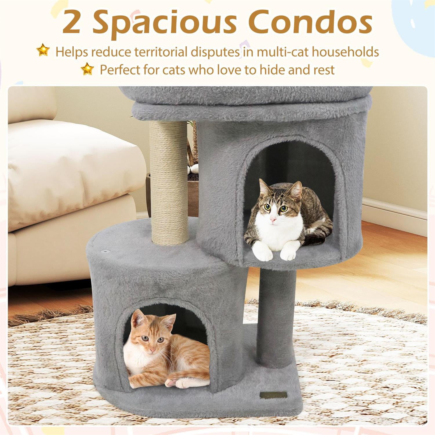 Pefilos 26" Cat Tower, Large Padded Perch & Dual Condos, Sisal Scratching Post & Anti-Toppling, Light Gray