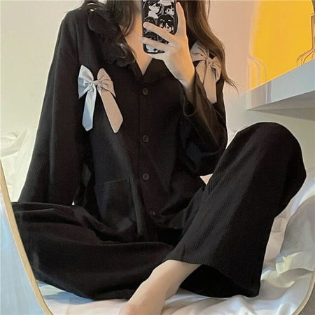 

CoCopeaunt Korean style Women Pajama Sets Autumn winter Long Sleeve Bowknot Nightwear Loose Elegant Pyjamas Female Leisure 2-piece