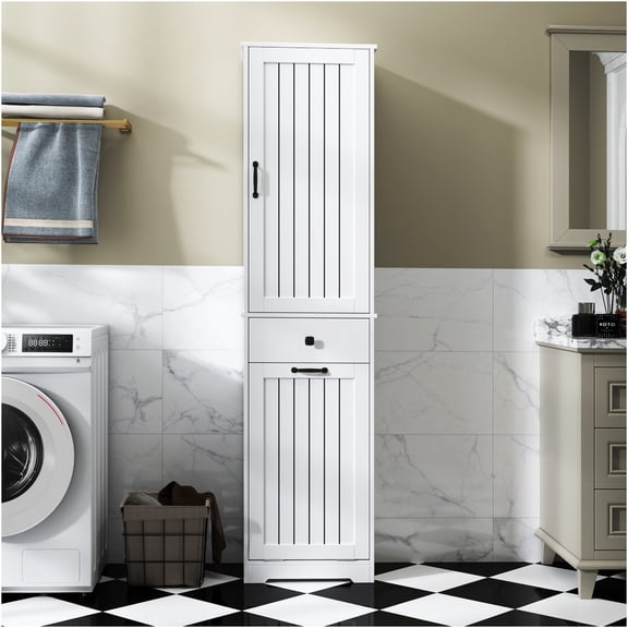 JERFIT White Laundry Organizer Cabinet with Storage Shelf, Drawer & Removable Hamper Bags for Bathroom and Utility Room