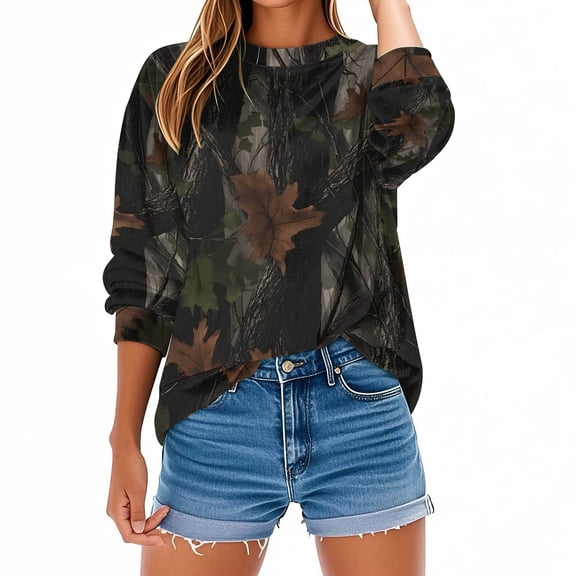 Women's Camo Sweatshirts Long Sleeve Maple Leaf Pullover Sweatshirt Trendy Fashion Crewneck Shirts Fall Tops, 3XL Gray