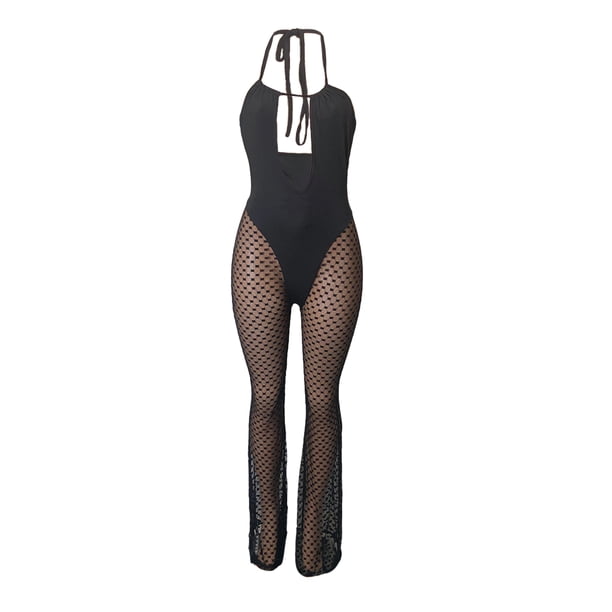 Mono sin mangas con cuello Halter para mujer VISgogo con costuras de malla transparentes, ropa de verano con decoración de pecho hueco VISgogo moda