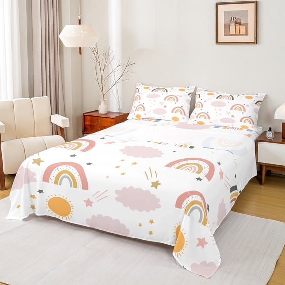 Homewish Bohemain Rainbow Twin Sheet Sets,Cute Coulds Sun Pattern Twin Fitted Sheet,Pink White Orange Flat Sheet For Girls Kids,Super Cozy Room Decor,3-Piece