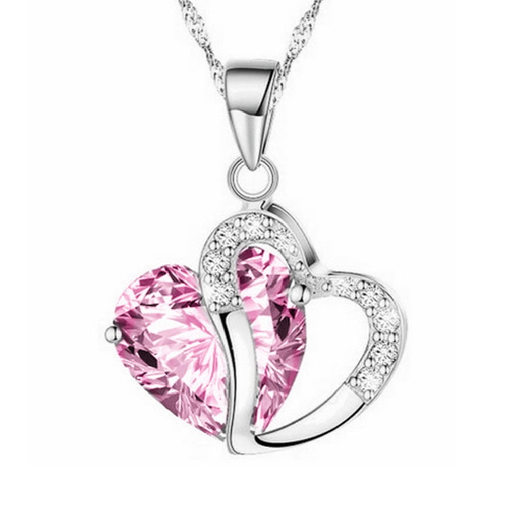 Heart Shaped Crystal Rhinestone Pink Clear Pendant Necklace for Women Girls