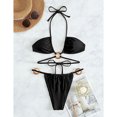 thumbnail image 3 of Bikini con anillo vinculado Traje de baño Talle alto 2 piezas Lazo en la espalda Halter Triángulo Bikini para mujer Verano Negro L, 3 of 6