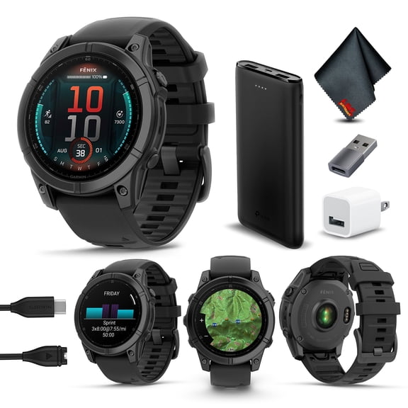 Garmin Fenix E 47MM AMOLED Premium Multisport GPS Smartwatch, 16 Days Long-Lasting Battery Life, Slate Gray Steel with Black Silicone Band, Health & Fitness Smart Watch Bundle for Men and Women