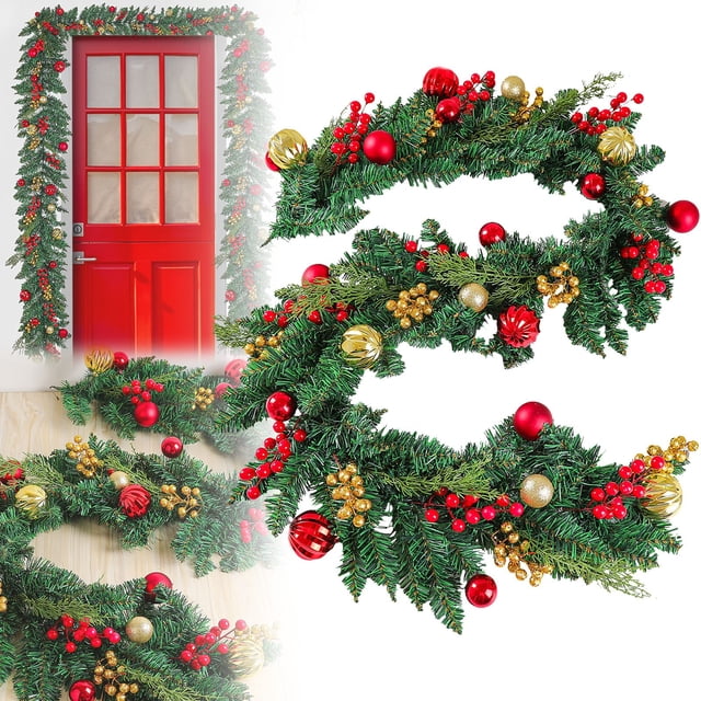 Décorations de Noël Couronne Extérieure 1 Pack Guirlande de Noël avec Lumières LED Blanc Chaud Baies Rouges et Pommeaux de Pin Givrés Décor à Piles Vert (Bring Your Own Battery Pendentif Pendentif)