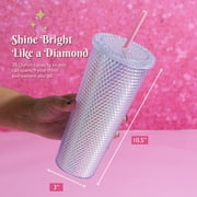 Paris Hilton 2 Pack 26oz Double Wall Diamond Textured Plastic Tumblers with Straw, White Rainbow Iridescent and Hot Pink